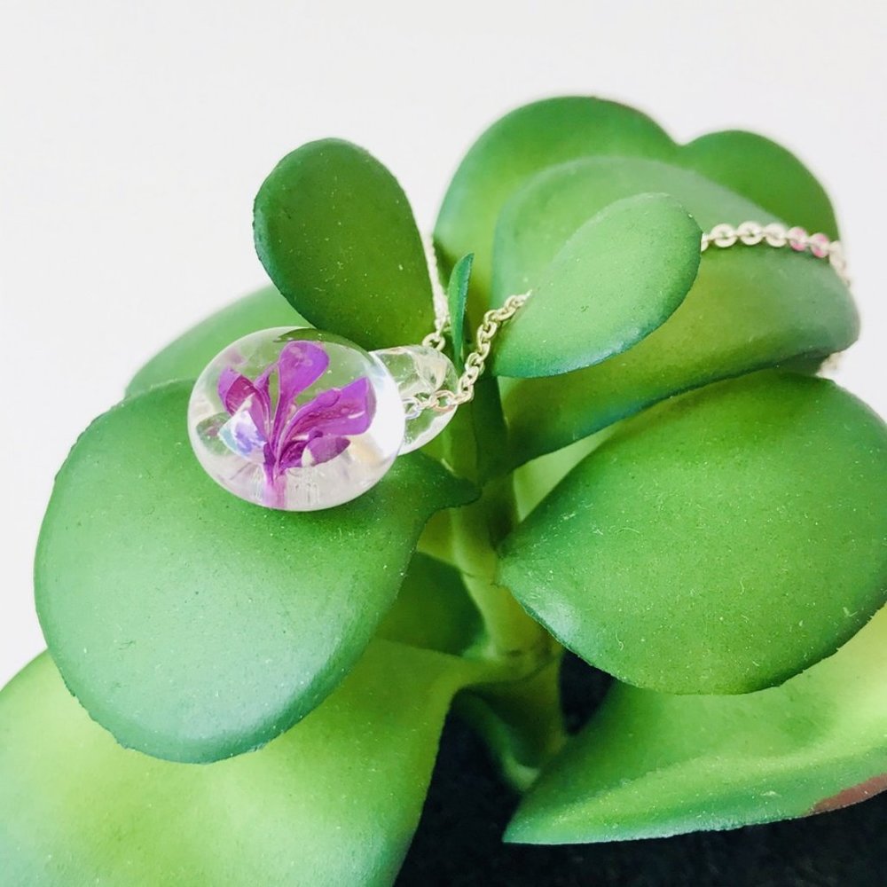 Purple Flower Glass Pendant Necklace